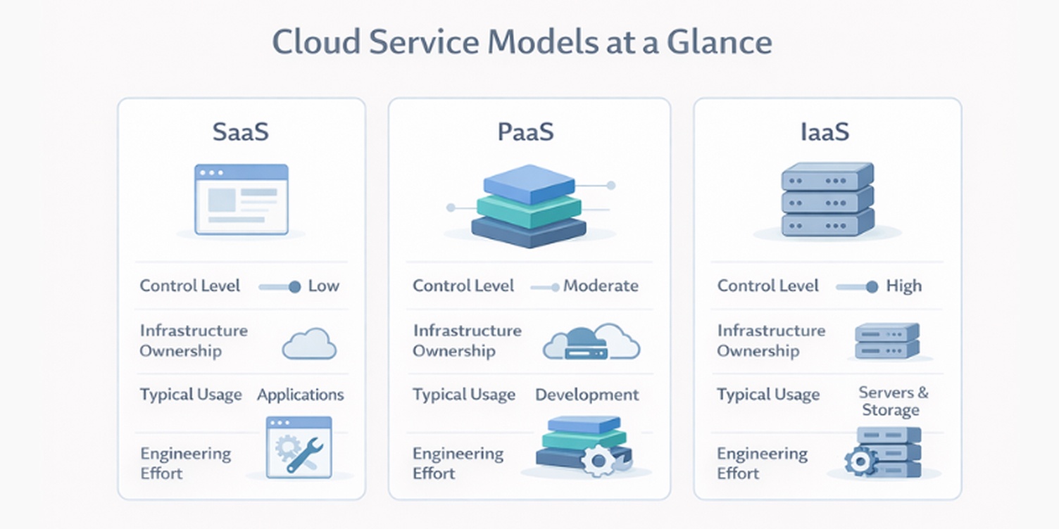 An image that represent SaaS vs PaaS vs IaaS cloud service models comparison